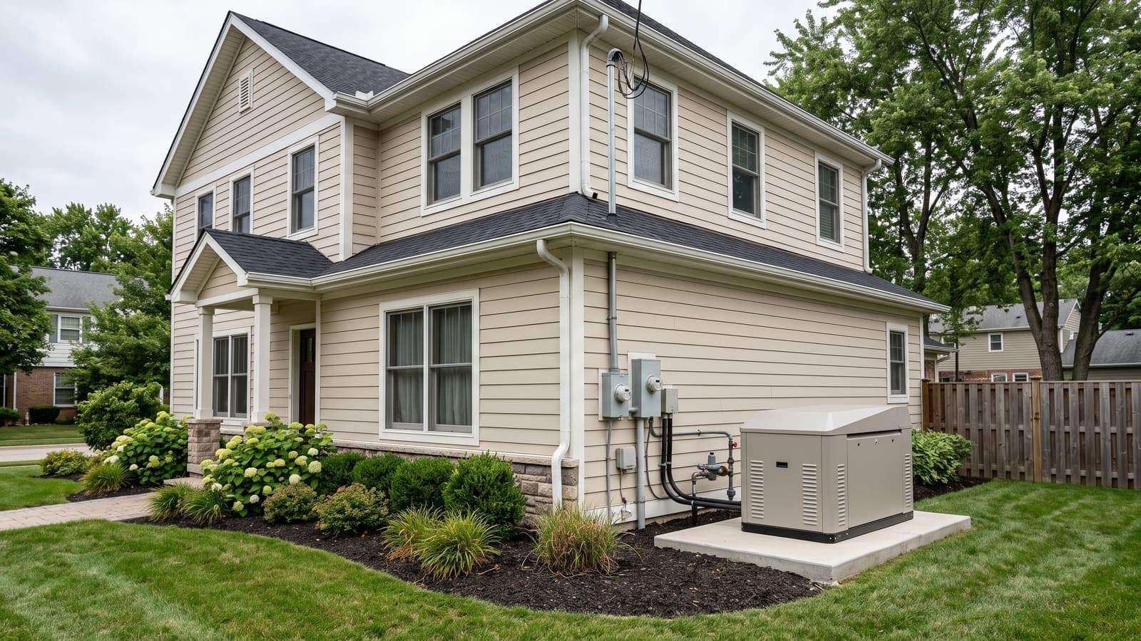 Whole-house standby generator installed on a concrete pad beside a suburban home
