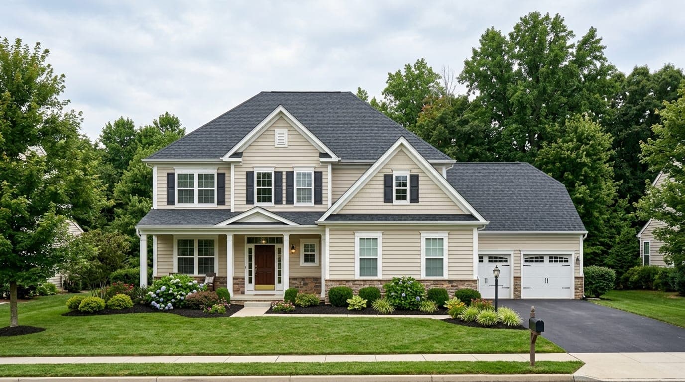 A suburban house with a newly replaced asphalt shingle roof