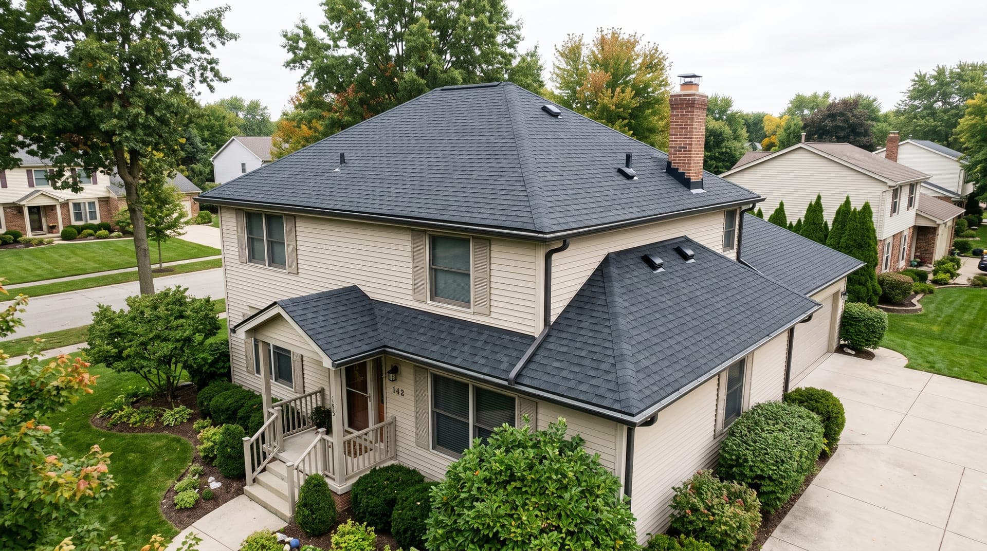 New architectural asphalt shingle roof being installed on a suburban home